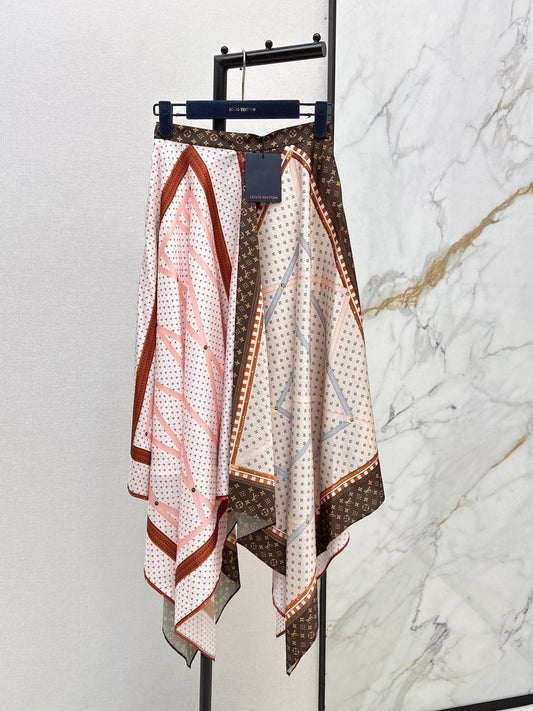 26ss Patchwork printed irregular hem midi skirt