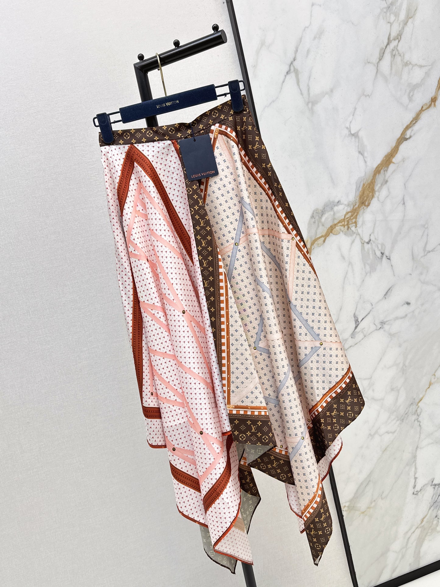 26ss Patchwork printed irregular hem midi skirt