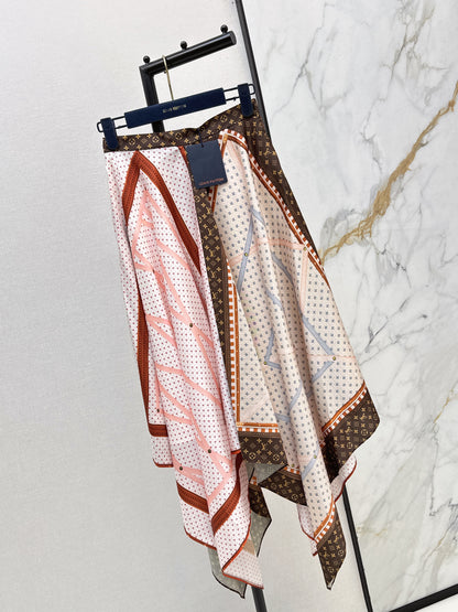 26ss Patchwork printed irregular hem midi skirt