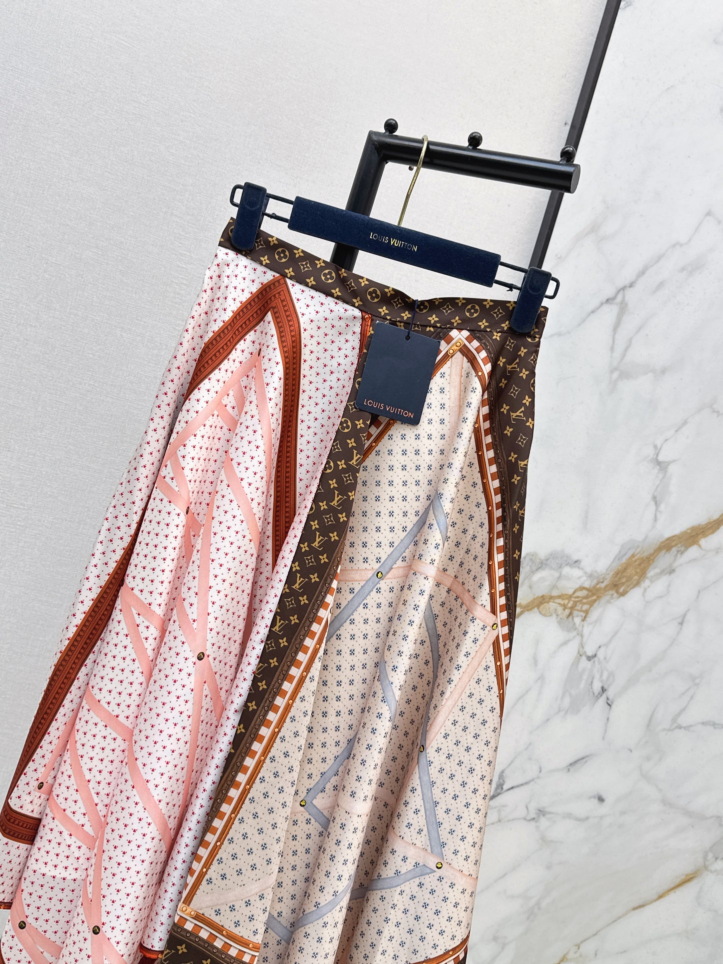 26ss Patchwork printed irregular hem midi skirt