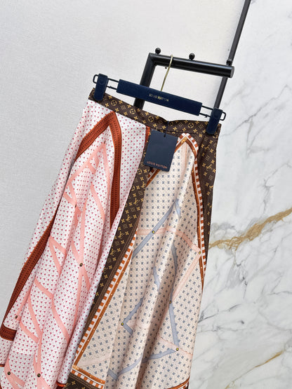 26ss Patchwork printed irregular hem midi skirt
