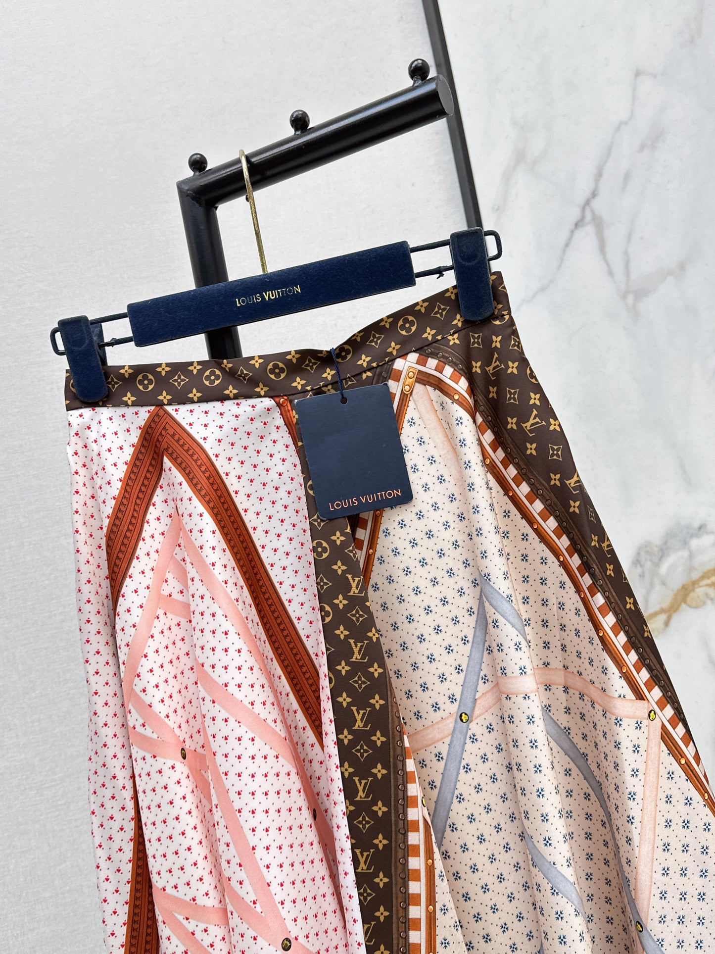 26ss Patchwork printed irregular hem midi skirt