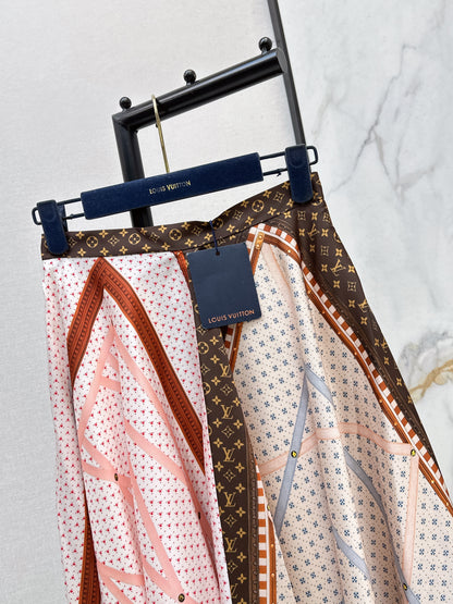 26ss Patchwork printed irregular hem midi skirt