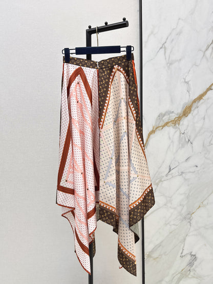26ss Patchwork printed irregular hem midi skirt