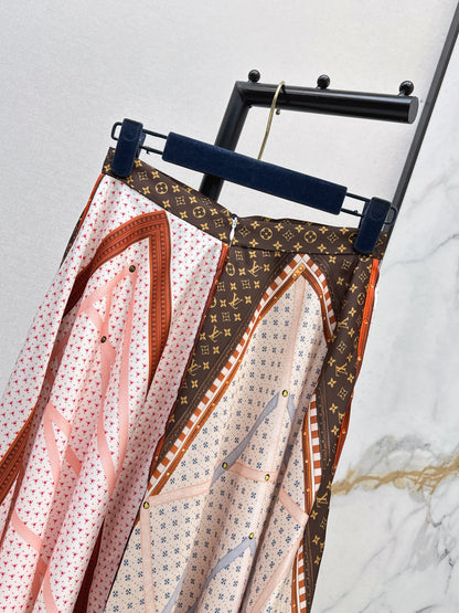 26ss Patchwork printed irregular hem midi skirt