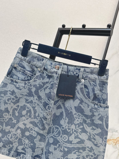 26ss Laser-studded chain floral denim midi skirt