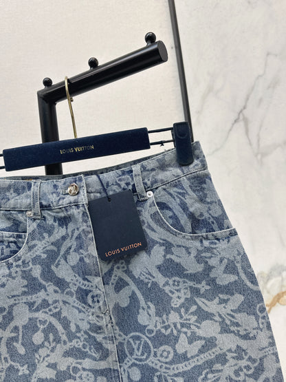 26ss Laser-studded chain floral denim midi skirt