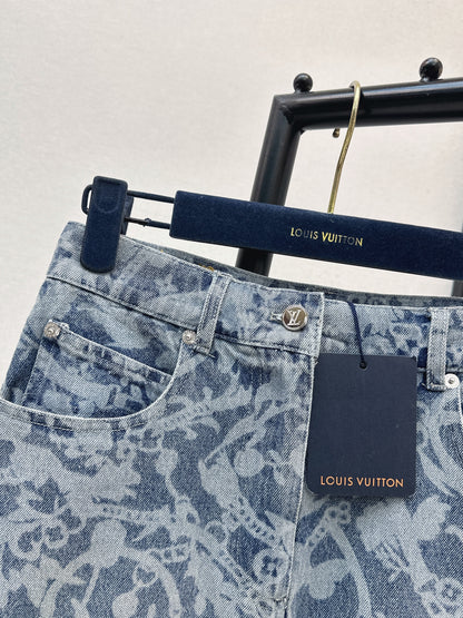 26ss Laser-studded chain floral denim midi skirt