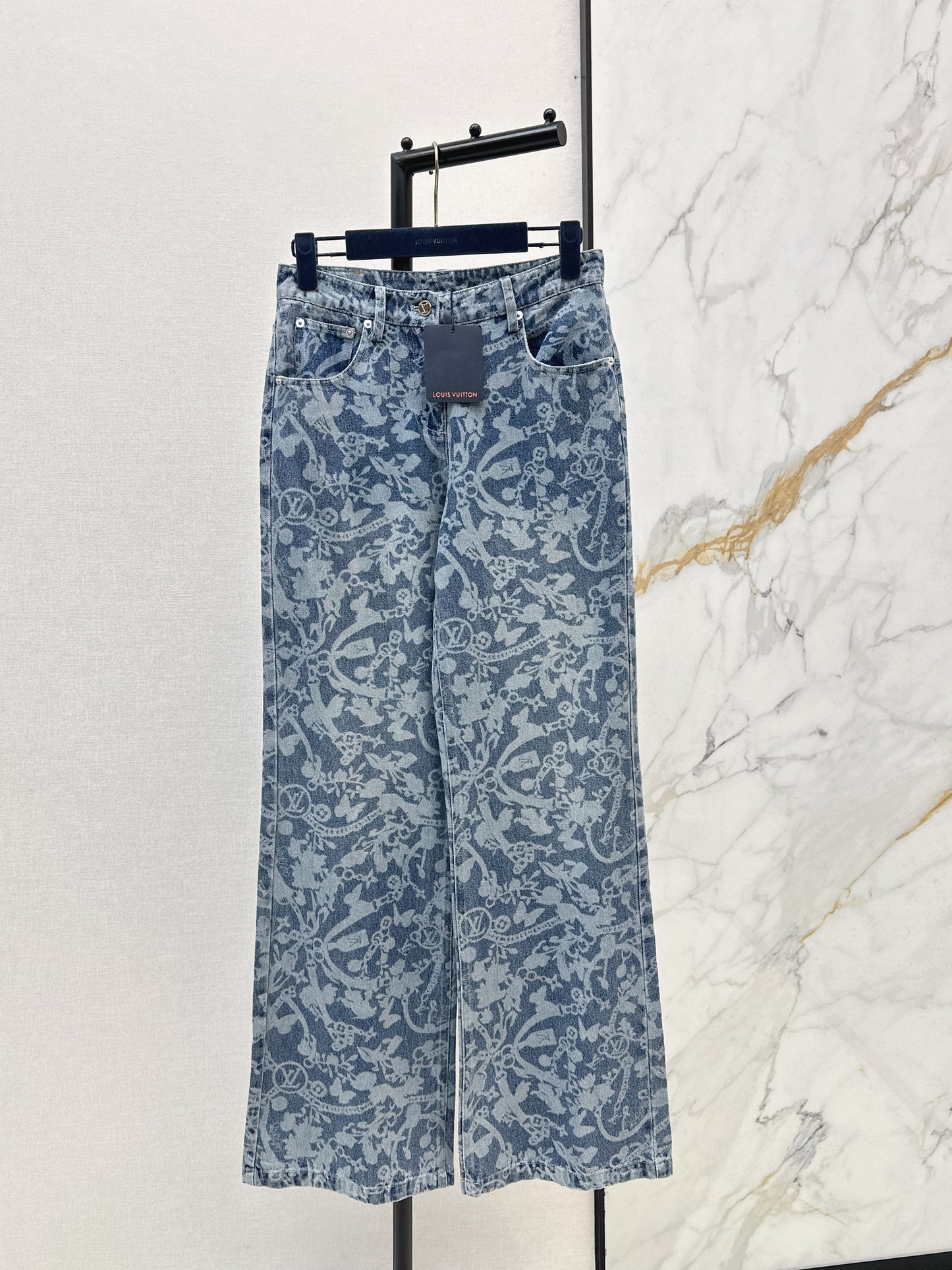 26ss Laser-studded chain denim jeans