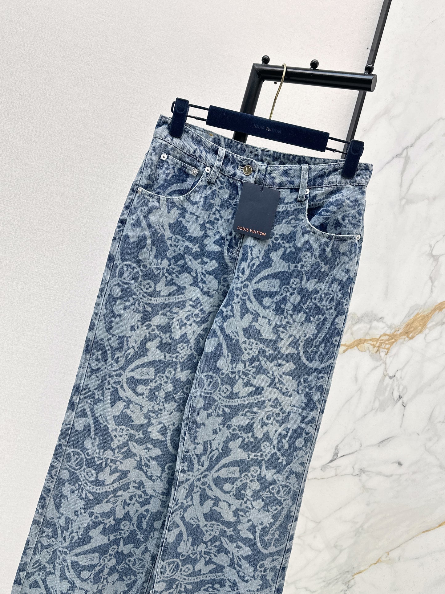 26ss Laser-studded chain denim jeans