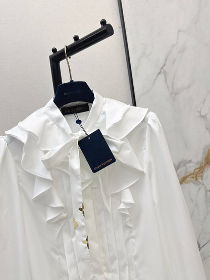 26ss White Shirt with Ruffled Trim