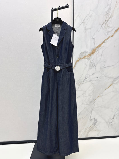 26ss Heart-shaped belted denim jumpsuit