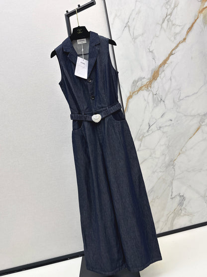 26ss Heart-shaped belted denim jumpsuit