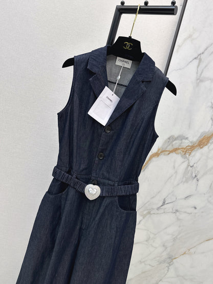 26ss Heart-shaped belted denim jumpsuit