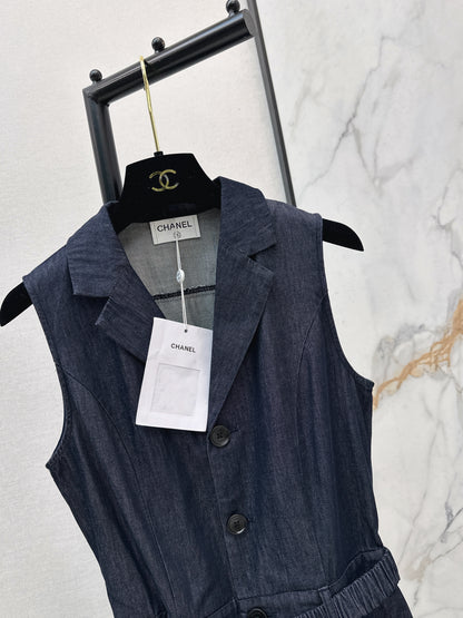 26ss Heart-shaped belted denim jumpsuit
