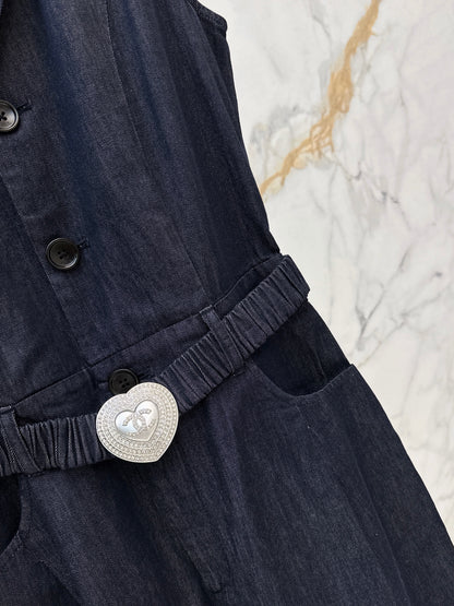 26ss Heart-shaped belted denim jumpsuit