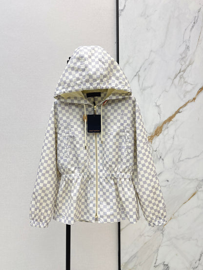 26ss Checkered hooded trench coat