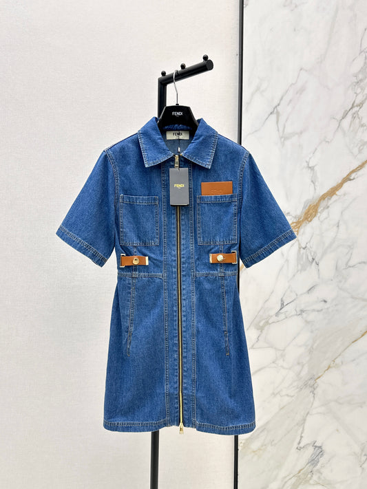 26ss Leather-trimmed denim dress