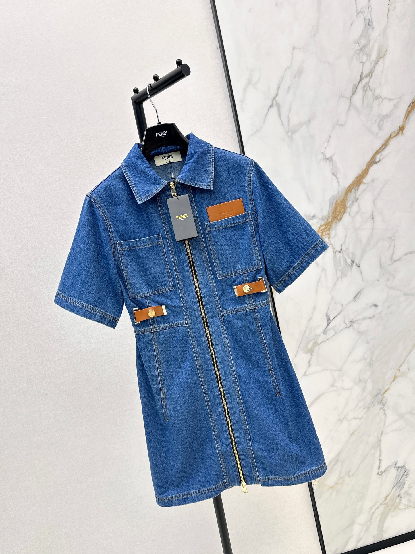 26ss Leather-trimmed denim dress