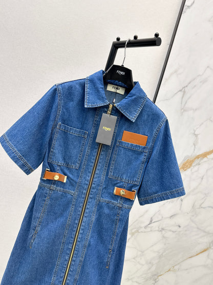 26ss Leather-trimmed denim dress