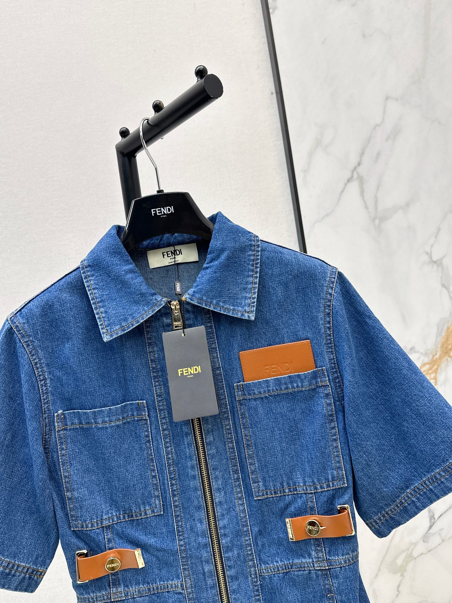 26ss Leather-trimmed denim dress
