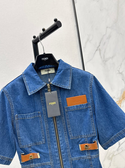 26ss Leather-trimmed denim dress