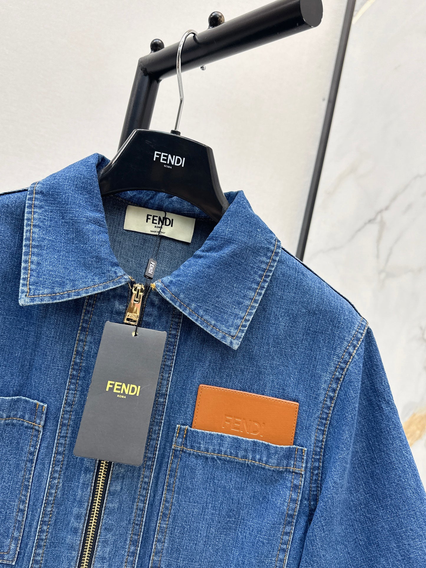 26ss Leather-trimmed denim dress
