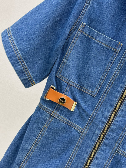 26ss Leather-trimmed denim dress