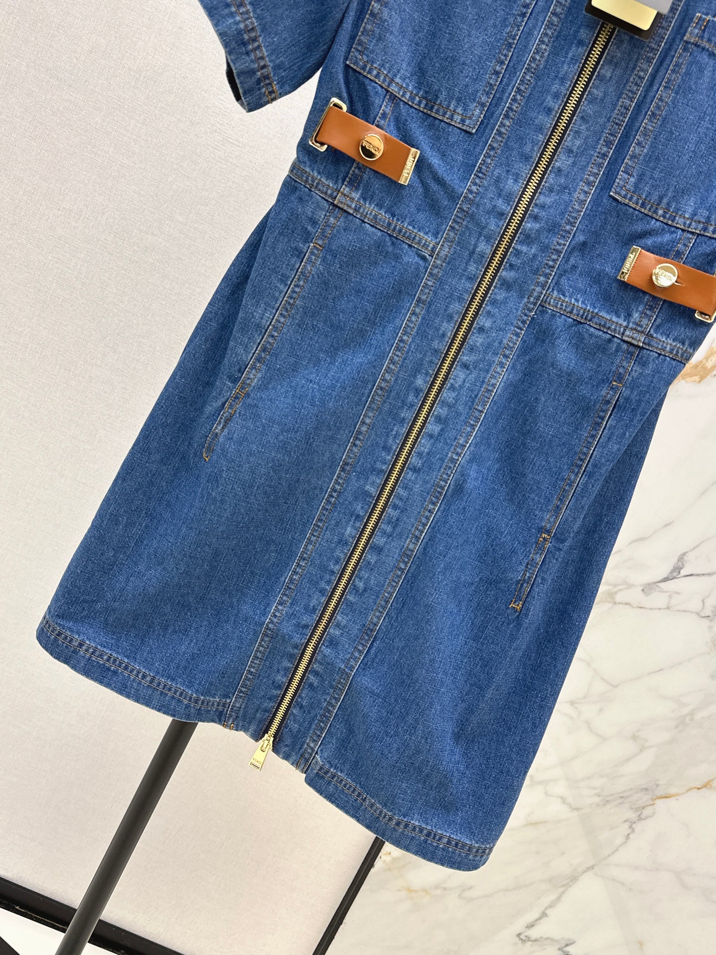 26ss Leather-trimmed denim dress