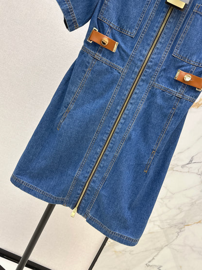 26ss Leather-trimmed denim dress