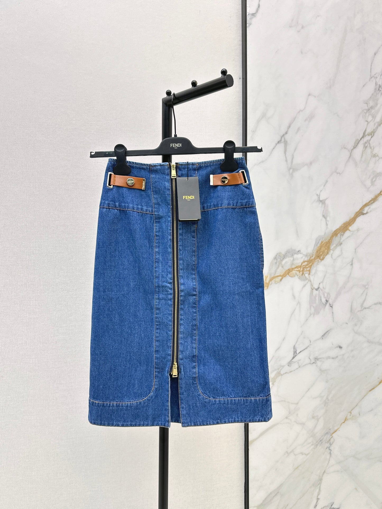 26ss Zippered Denim Midi Skirt