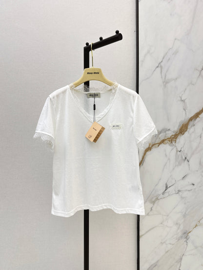 26ss Lace-trimmed V-neck T-shirt