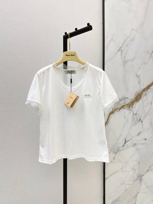 26ss Lace-trimmed V-neck T-shirt