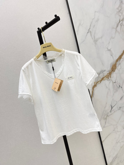 26ss Lace-trimmed V-neck T-shirt