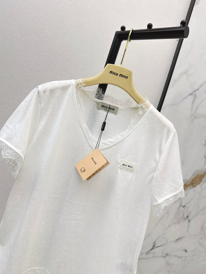 26ss Lace-trimmed V-neck T-shirt