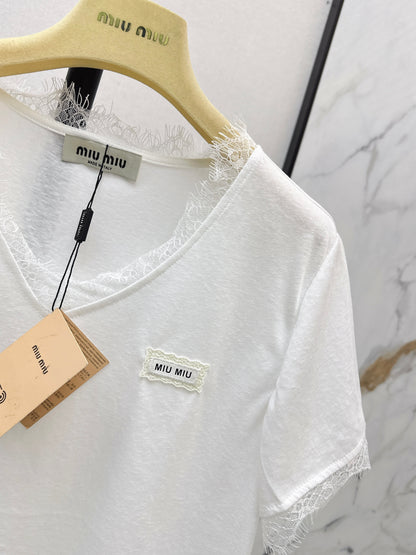 26ss Lace-trimmed V-neck T-shirt