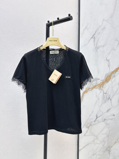 26ss Lace-trimmed V-neck T-shirt