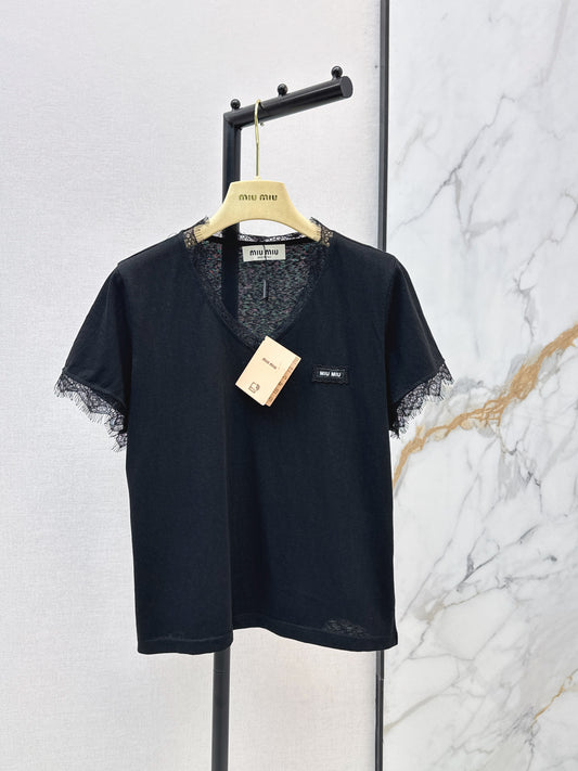 26ss Lace-trimmed V-neck T-shirt