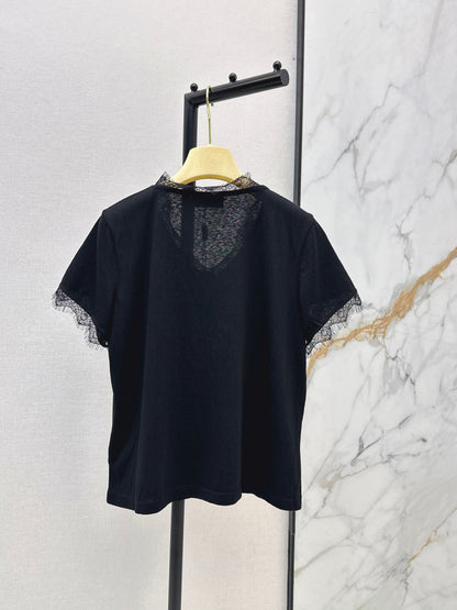 26ss Lace-trimmed V-neck T-shirt