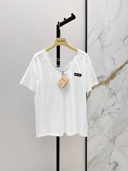 26ss Lace-trimmed V-neck T-shirt