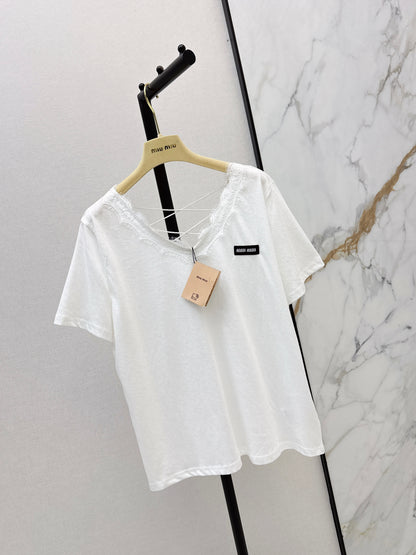 26ss Lace-trimmed V-neck T-shirt