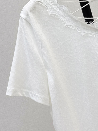 26ss Lace-trimmed V-neck T-shirt