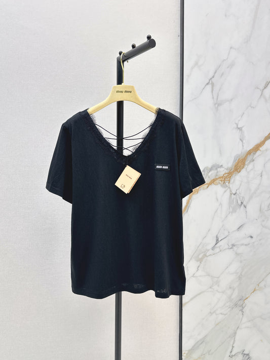 26ss Lace-trimmed V-neck T-shirt