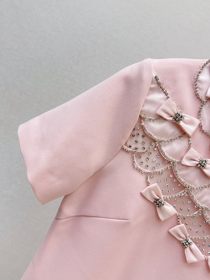 26ss Bow-embellished rhinestone dress