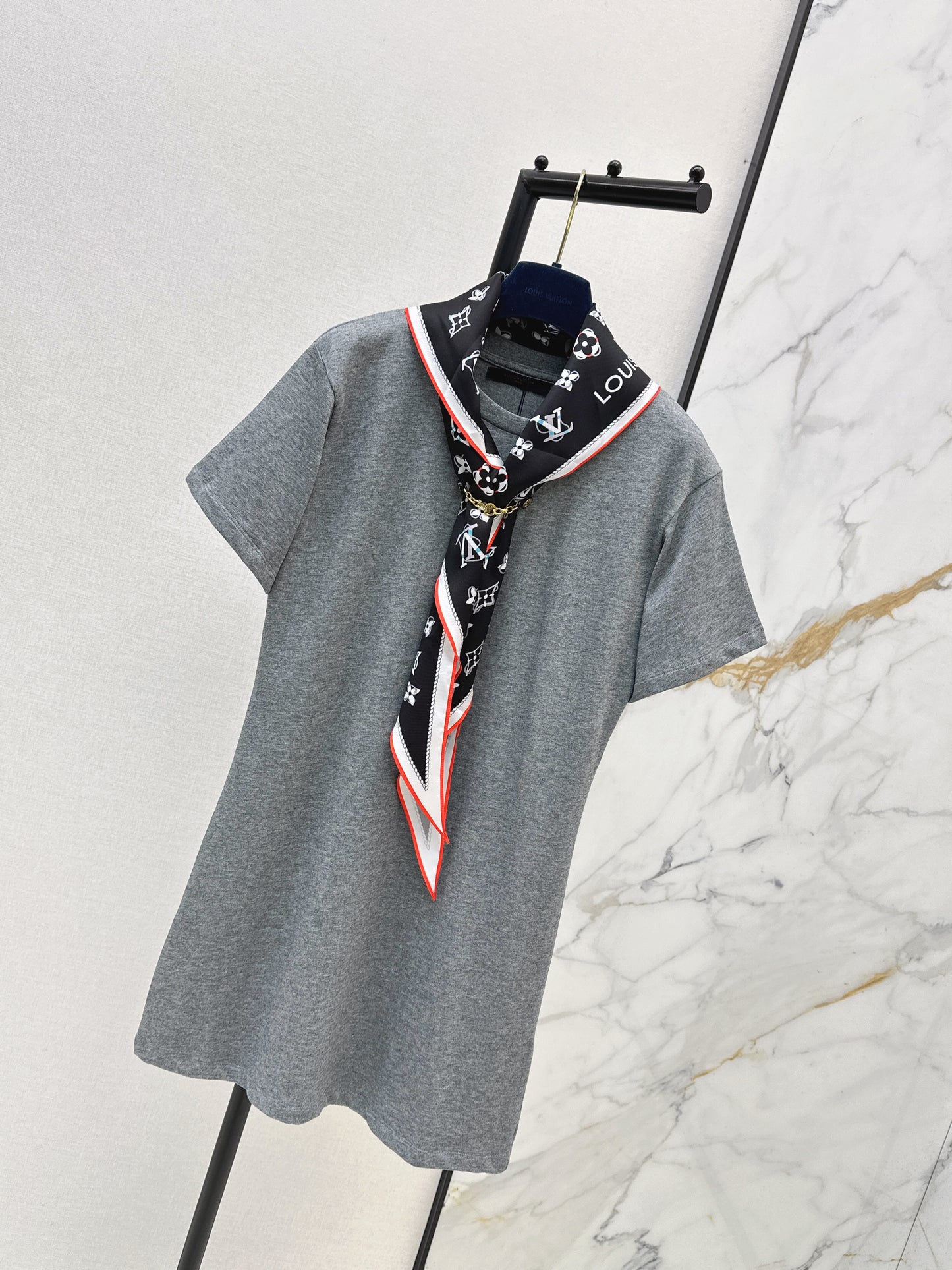 26ss Long T-shirt with silk scarf embellishment
