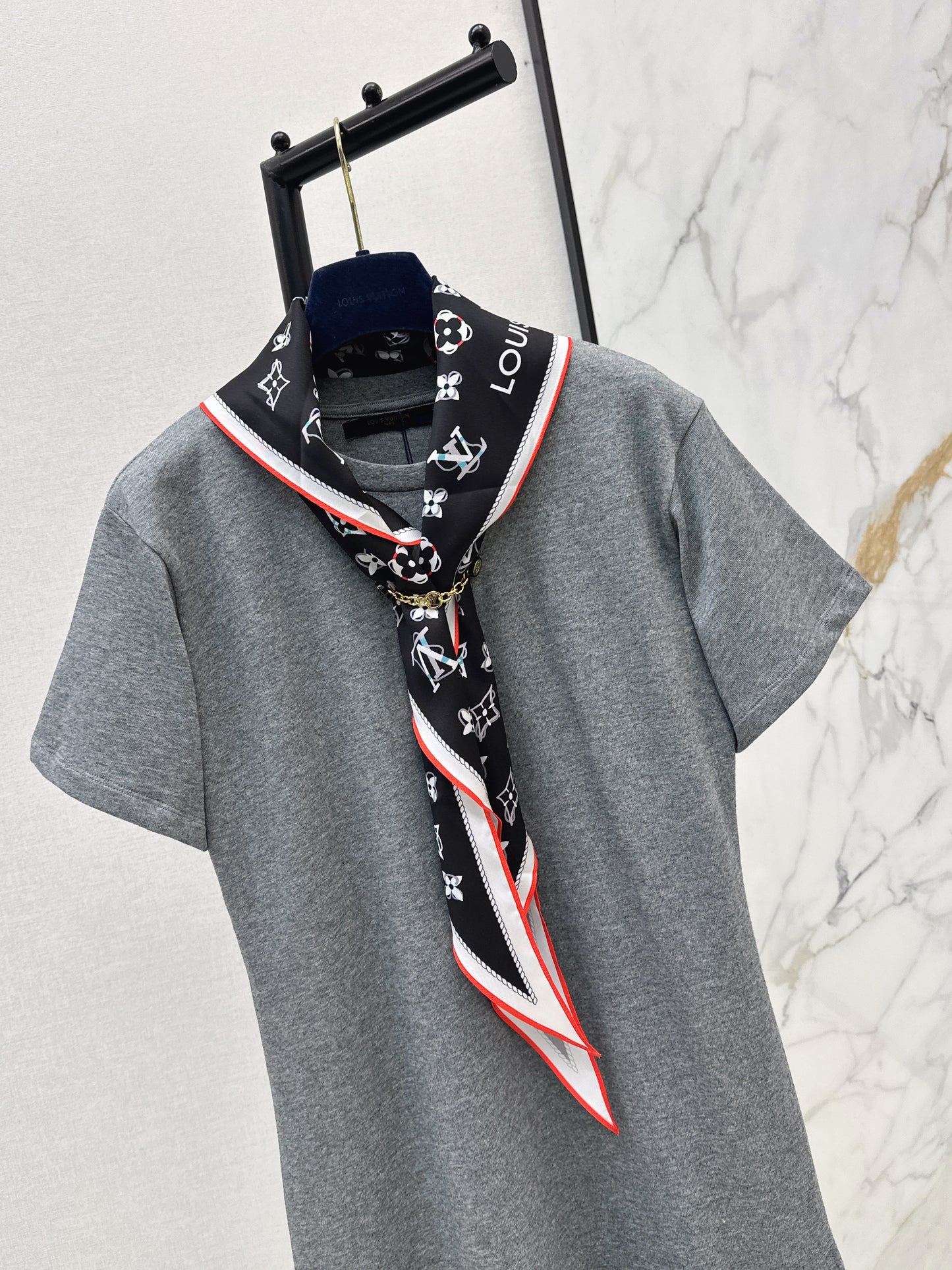 26ss Long T-shirt with silk scarf embellishment