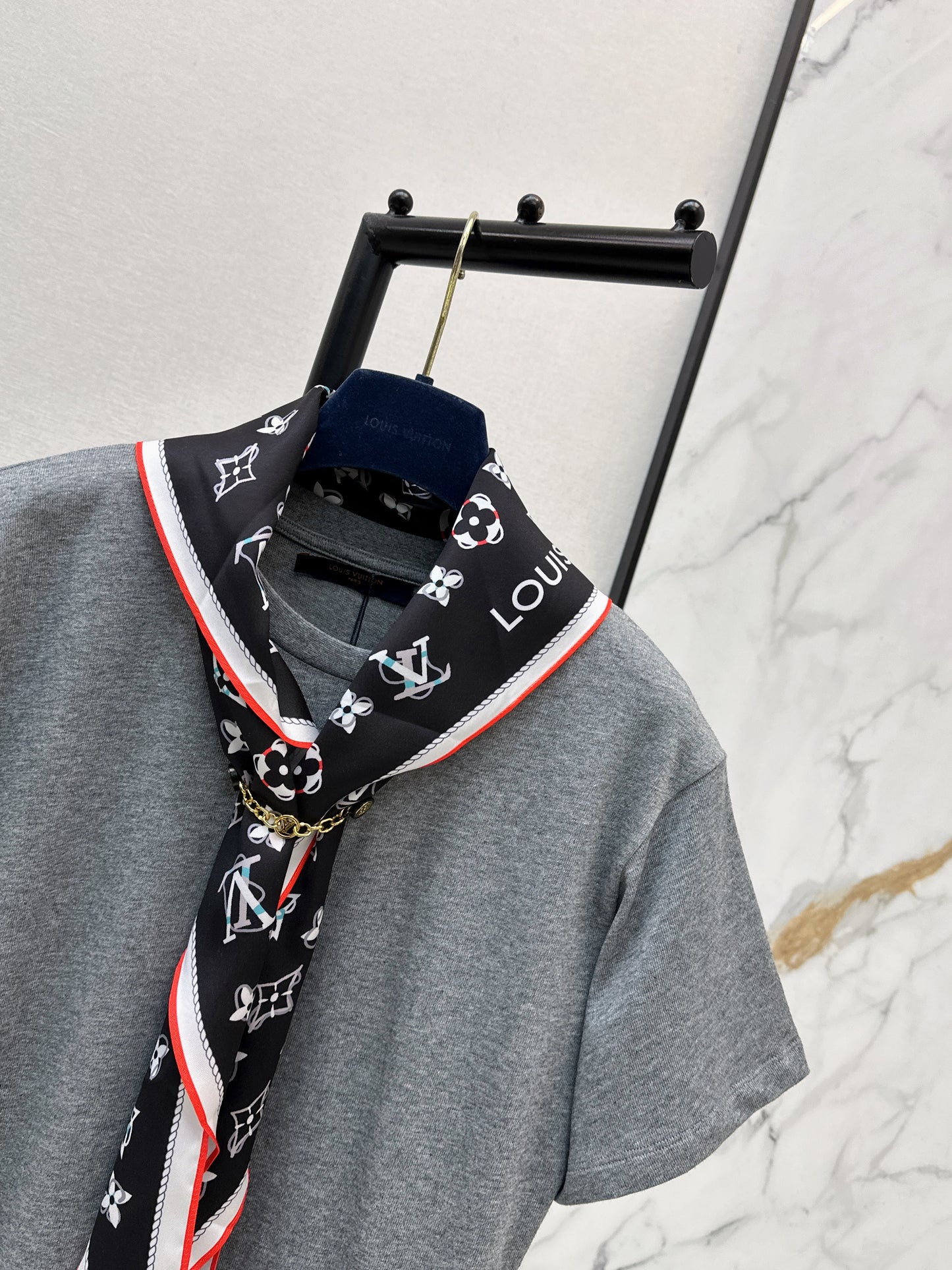 26ss Long T-shirt with silk scarf embellishment