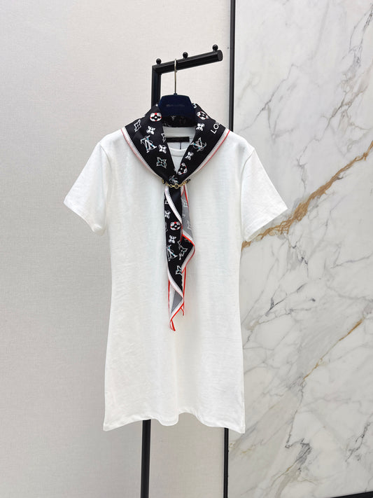 26ss Long T-shirt with silk scarf embellishment