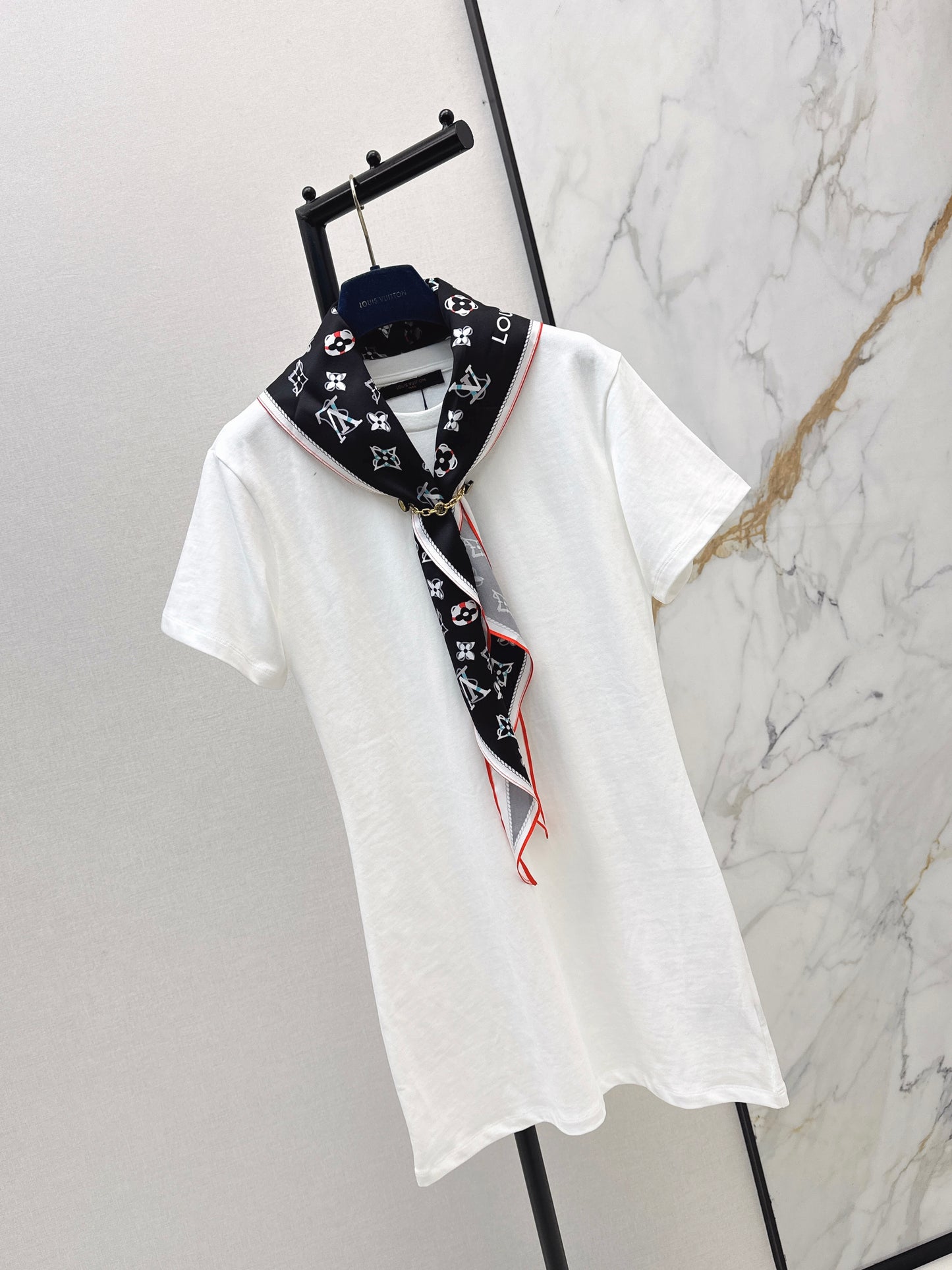 26ss Long T-shirt with silk scarf embellishment