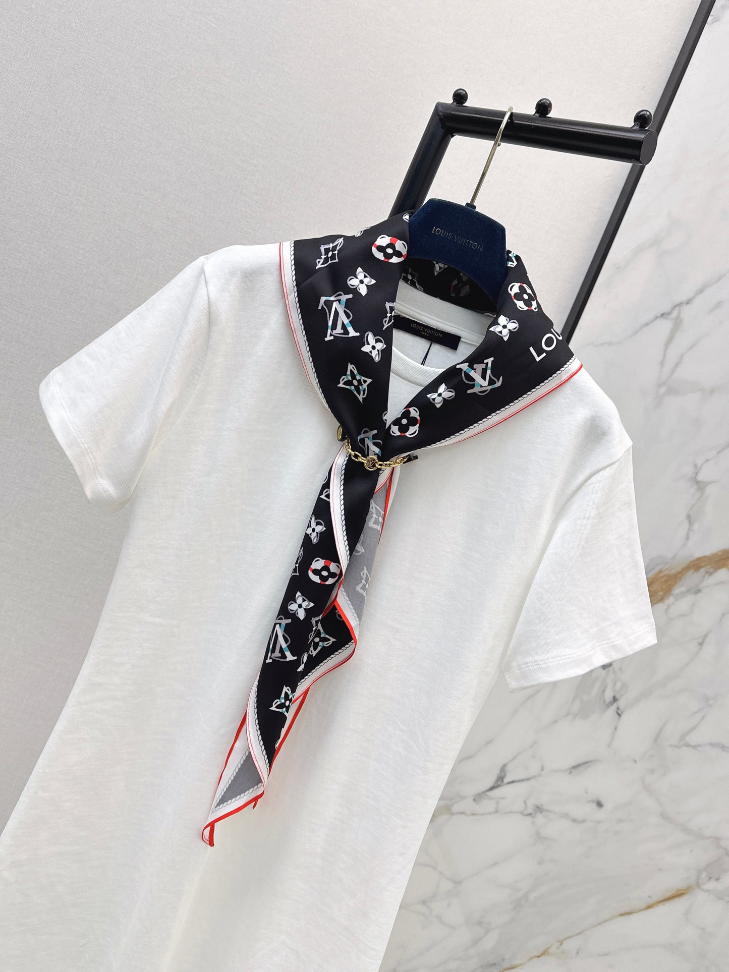 26ss Long T-shirt with silk scarf embellishment